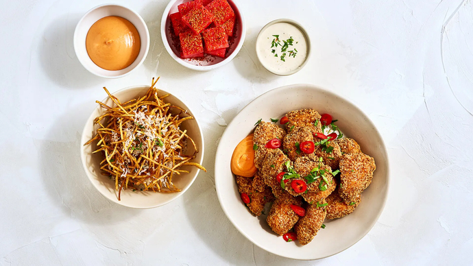 Leivitettyä kanaa, rapeaa perunaa ja melonia