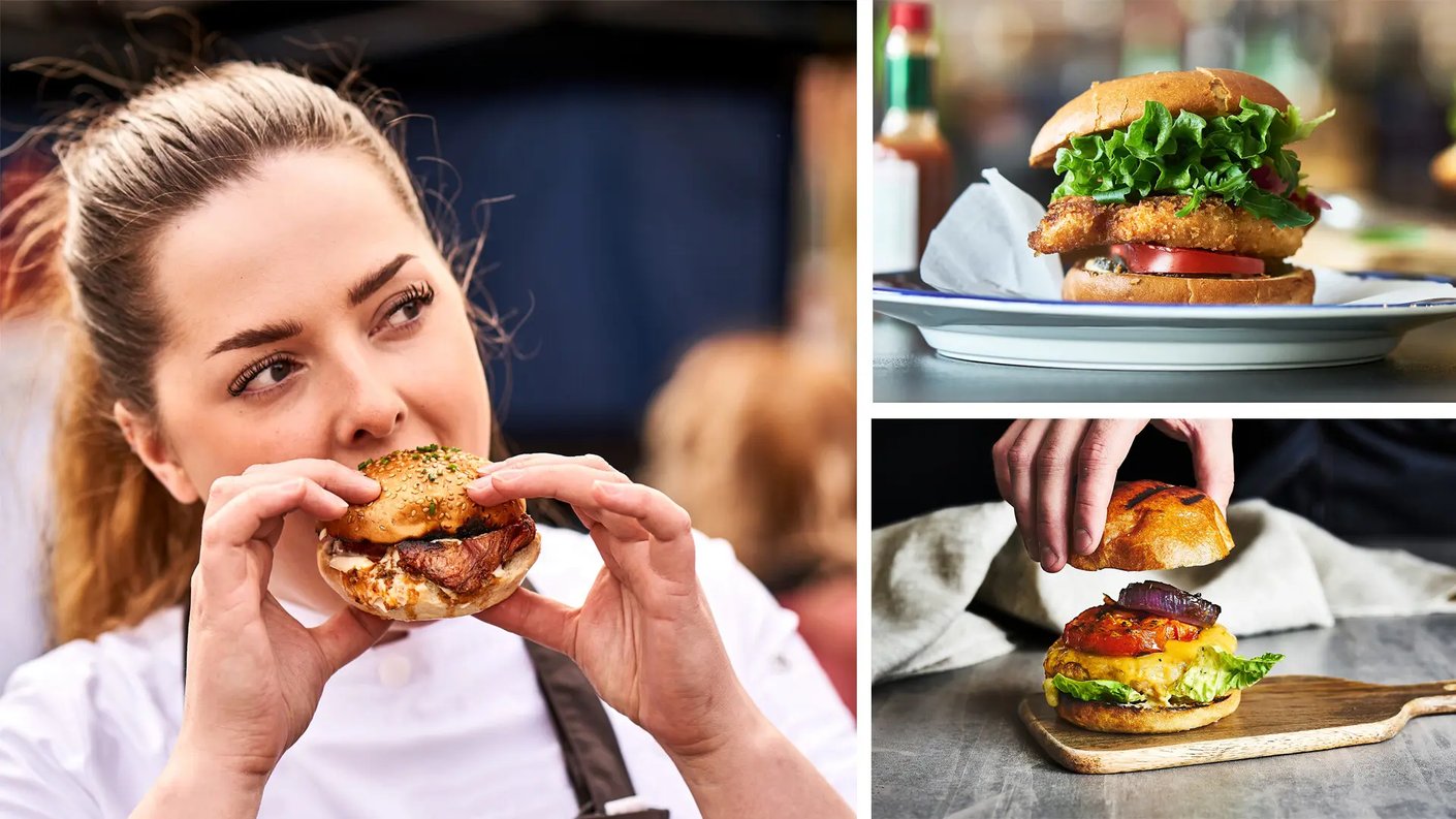 3 kuvan kollaasi. Vasemmalla nuori nainen syö halmpurilaista. Oikealla ylhäällä on kuva lautasella olevasta hampurilaisesta, jossa täytteenä on paneroitua kanaa, tomaattia ja salaattia. Oikeassa alakulmassa kun marmoripöydällä puinen leikkuulauta, jonka päällä on avoin hampurilainen, jonka päälle käsi on asettamassa kansipalaa.