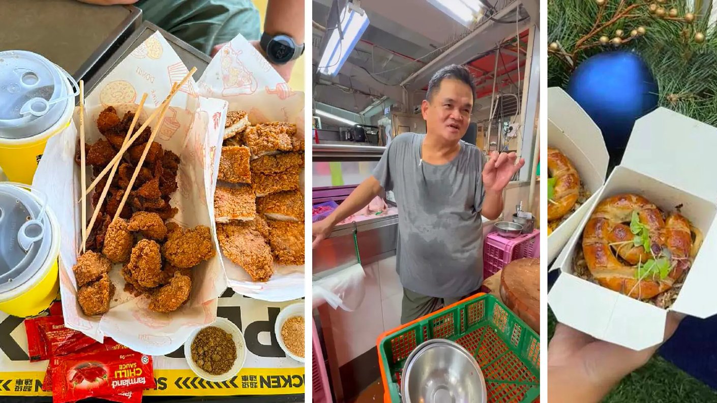 Kolmen pystykuvan kollaasi, joka esittelee katu- ja toriruokakulttuuria.      Vasemmalla: Lähikuva tarjottimesta, jossa on kaksi paperipussillista leivitettyä ja uppopaistettua kanaa tai lihaa. Mukana on puisia varrastikkuja, kaksi keltaista juomamukia kansilla, maustekippoja ja chilikastikepusseja.      Keskellä: Mies seisoo lihatiskin tai katu-keittiön takana harmaassa t-paidassa. Hän elehtii kädellään puhuessaan. Taustalla näkyy teollinen keittiöympäristö ja vaaleanpunaisia muovilaatikoita.      Oikealla: Käsi pitelee valkoista pahvista noutoruokalaatikkoa, jonka sisällä on kierteelle aseteltu, paistettu makkara yrteillä koristeltuna. Taustalla näkyy havunoksia ja sininen joulupallo, mikä viittaa joulumarkkinoihin.