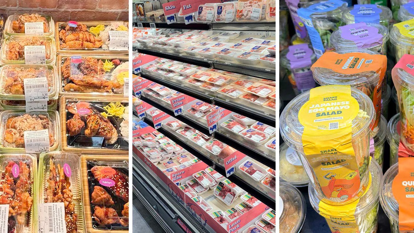 Kolmen pystykuvan kollaasi, joka esittelee ruokakaupan valmisruokia ja lihatuotteita.      Vasemmalla: Useita pinoja muovisiin rasioihin pakattuja bento-aterioita ja sushiannoksia. Rasioissa näkyy muun muassa yakitoria (kanavartaita), riisiä ja leivitettyä kanaa kastikkeella. Pakkauksissa on hintalappuja ja värikkäitä tarroja.      Keskellä: Ruokakaupan kylmäosasto, jossa on hyllyittäin pakattua sianlihaa. Hyllyreunoissa on kirkkaanpunaisia kylttejä, joissa lukee lihan osia englanniksi, kuten "Belly", "Prime Ribs" ja "Spare Ribs". Lihat on pakattu valkoisiin alustoihin ja läpinäkyvään muoviin.      Oikealla: Lähikuva pinotuista, läpinäkyvistä salaattikupeista. Etualalla on keltainen "Japanese Egg Mayo Salad" -pakkaus. Taustalla näkyy muita salaattivaihtoehtoja, kuten oransseja "Quinoa Salad" -pakkauksia ja liiloja kansia.