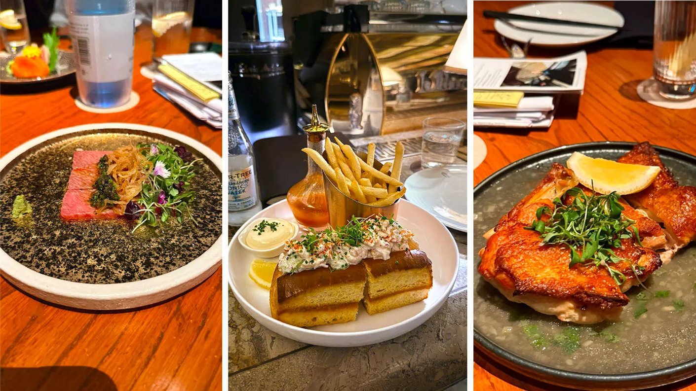 Kolmen pystykuvan kollaasi, joka esittelee tyylikkäästi aseteltuja ravintola-annoksia modernissa ympäristössä.      Vasemmalla: Gourmet-annos puupöydällä. Tummanpuhuvalla, kivimäisellä lautasella on muutama siivu marmoroitua, kevyesti paistettua lihaa (mahdollisesti wagyu-nautaa), joka on koristeltu yrteillä, pienillä kukilla ja sipulilla. Taustalla näkyy vesipullo ja muita juomia.      Keskellä: Annos, jossa on kaksi täytettyä ja paistettua briossileipää, päällään kermaista äyriäissalaattia ja yrttejä. Annokseen kuuluu myös metallinen kippo täynnä ranskanperunoita, pieni kastikekulho ja sitruunaviipale. Taustalla näkyy baaritiskiä ja tonic-vesipullo.      Oikealla: Paistettu broilerin rintafilee tai vastaava vaalea liha, jossa on rapea, kullanruskea nahka. Annos on aseteltu tummalle lautaselle liemen kera ja viimeistelty tuoreilla yrteillä sekä sitruunalohkolla. Taustalla näkyy ruokalista ja juomalasi.