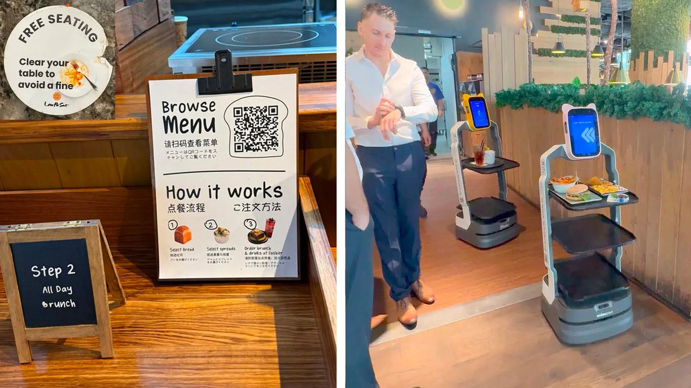 Kahden pystykuvan kollaasi, joka esittelee modernia teknologiaa ja opasteita kahvilassa tai ravintolassa.      Vasemmalla: Puinen tiski, jolla on useita opasteita. Etualalla on pieni liitutaulu, jossa lukee "Step 2 All Day Brunch". Takana on pystyssä oleva kyltti, jossa on QR-koodi ruokalistaan ("Browse Menu") sekä vaiheittaiset tilausohjeet kuvilla ja tekstillä usealla kielellä. Tiskiin on kiinnitetty pyöreä tarra, jossa lukee "FREE SEATING" ja muistutus pöydän siivoamisesta sakon välttämiseksi.      Oikealla: Mies vaaleassa paidassa ja suorissa housuissa seisoo ja katsoo älykelloaan puulattialla. Hänen takanaan on kaksi automaattista tarjoilurobottia. Etummaisella robotilla on tarjottimella annos ranskalaisten, hampurilaisen ja salaatin kera. Robotissa on näyttö ja sininen valo. Toinen, hieman taaempi robotti on tyhjä, ja siinäkin on näyttö. Taustalla näkyy viherseinää ja puutaidetta.