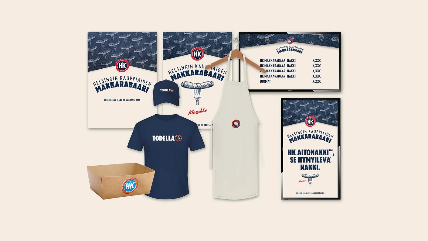 HK Makkarabaari julisteita, hinnastoja, lippis, t-paita, essu ja rasia.