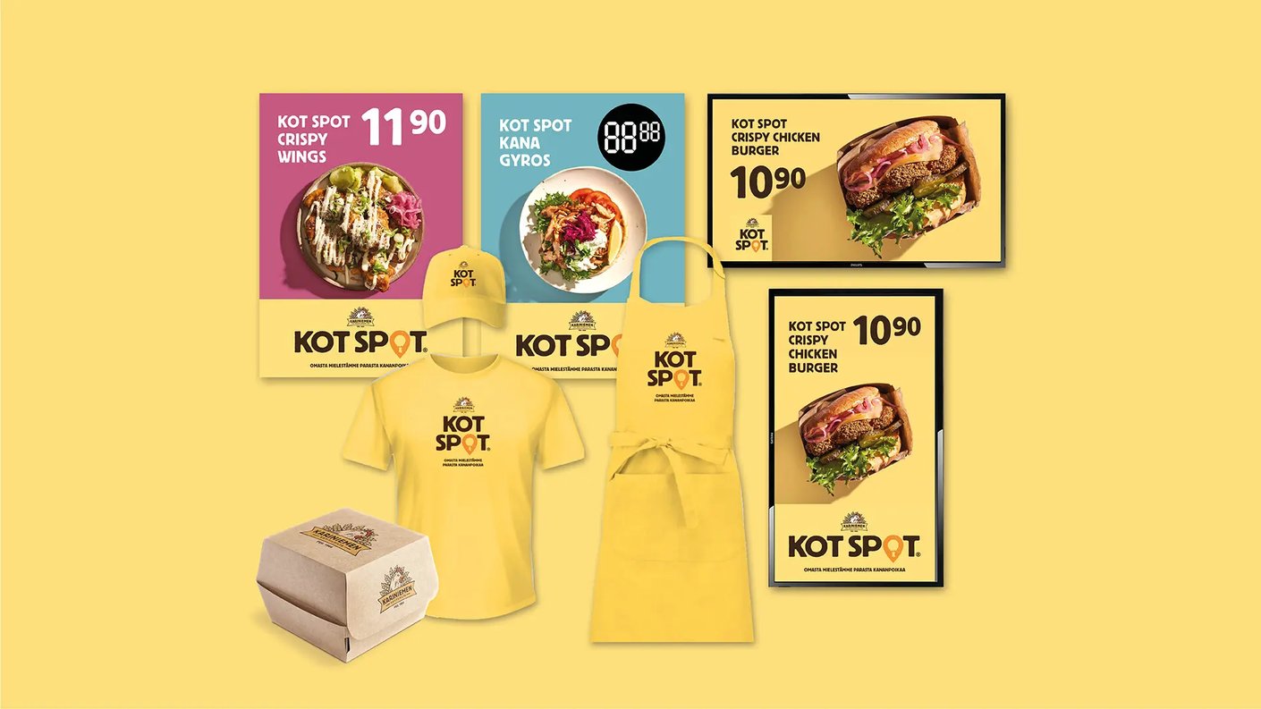 Kot Spot julisteita ja diginäyttöjä, lippis, t-paita, essu ja rasia.